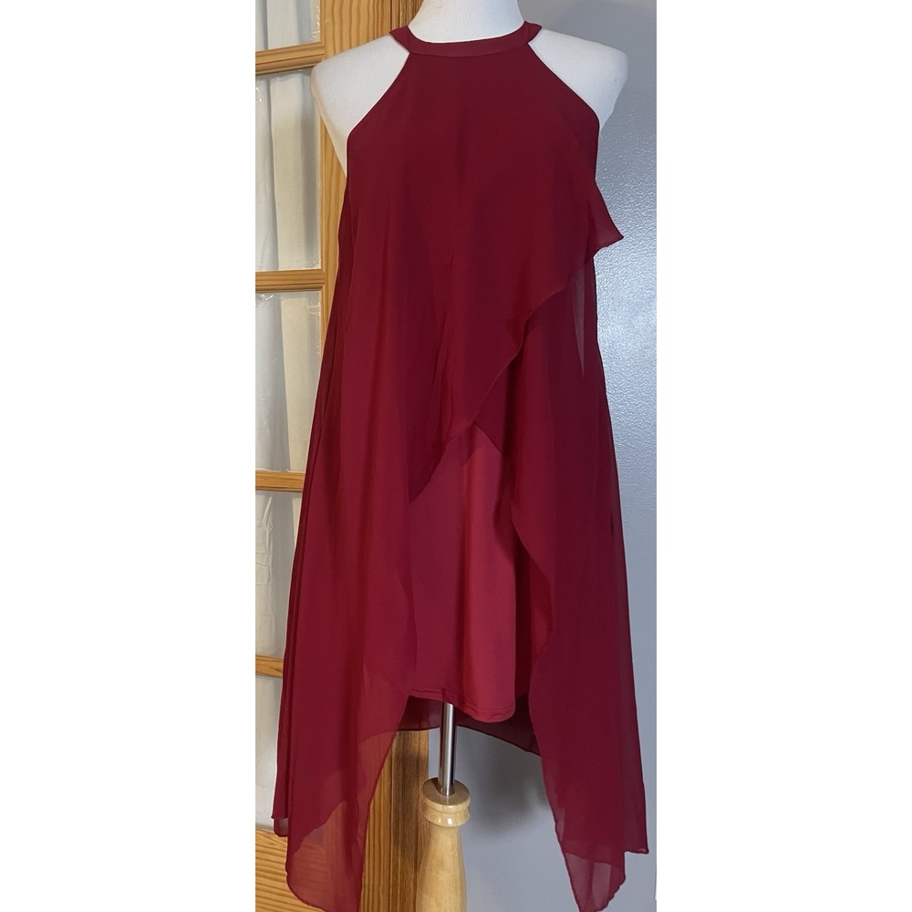 Overlapping Sheer Overlay Dress Sz M Halter Neck Asymmetrical Hem Red Party City
